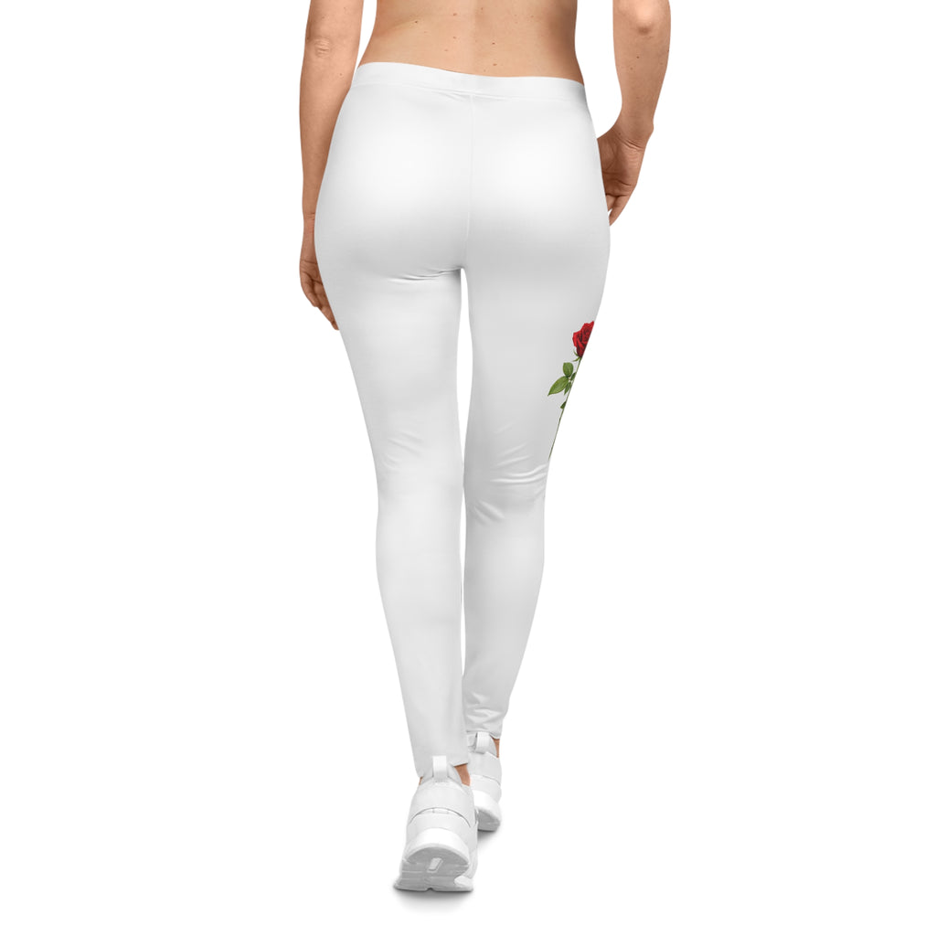 White Rose Side-Print Leggings — Women's Floral Casual Leggings
