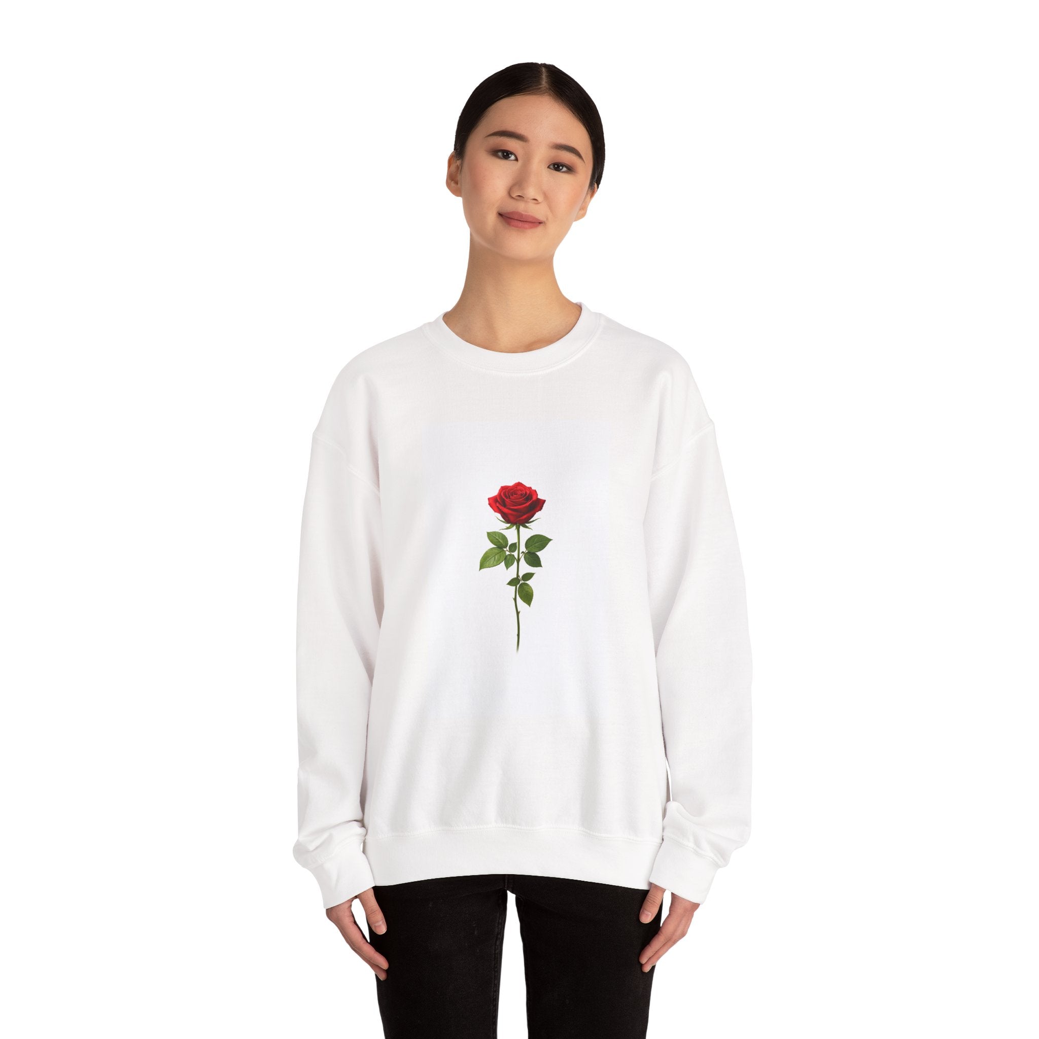 Rose Single-Stem Crewneck Sweatshirt — Minimal Floral Graphic